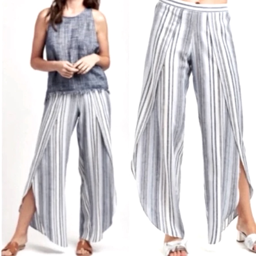 Anthropologie Drew Whitney Side Slit Beach Pants In Grey Blue & White Stripe Xs